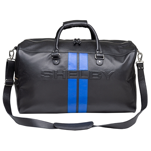 Shelby Black Leather Duffel Bag with Blue Racing Stripes